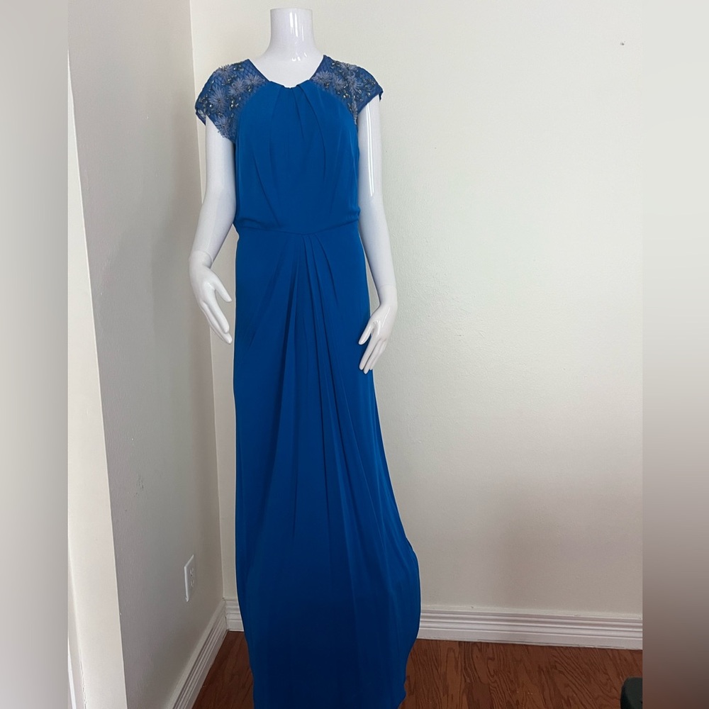 Badgley Mischka Royal Blue Maxi Dress with Lace Cap Sleeves